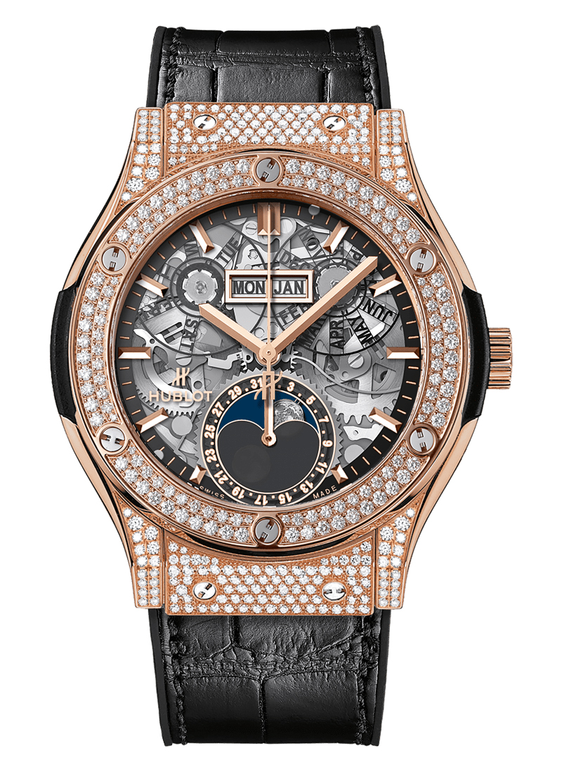 Hublot Classic Fusion Aerofusion Moonphase 42mm in Rose Gold wth Pave Diamond Case
