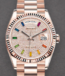 President Day-Date 36mm in Rose Gold with Fluted Bezel on President Bracelet with Pave Rainbow Diamond Dial