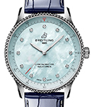 Navitimer 32mm in Steel on Blue Alligator Leather Strap with Ice Blue Diamond Dial