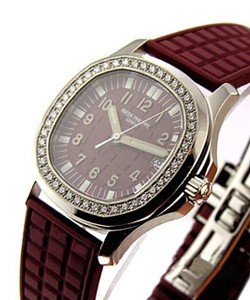 Lady's Aquanaut Luce - Diamond Bezel  Steel with Burgundy Dial on Burgundy Rubber Strap