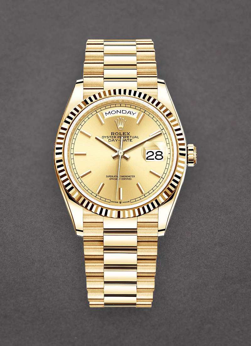 Pre-Owned Rolex President 36mm in Yellow Gold with Fluted Bezel