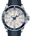 SuperOcean Automatic 42mm in Steel with Blue Ceramic Bezel on Blue Rubber with White Dial