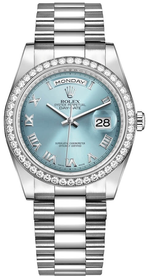 President Day Date 36mm in Platinum with Diamond Bezel on President Bracelet with Ice Blue Roman Dial