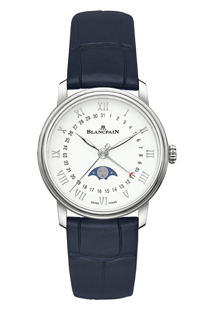 Villeret Quantieme Phases de Lune 33.2mm in Steel on Black Alligator Leather Strap with Ivory Dial