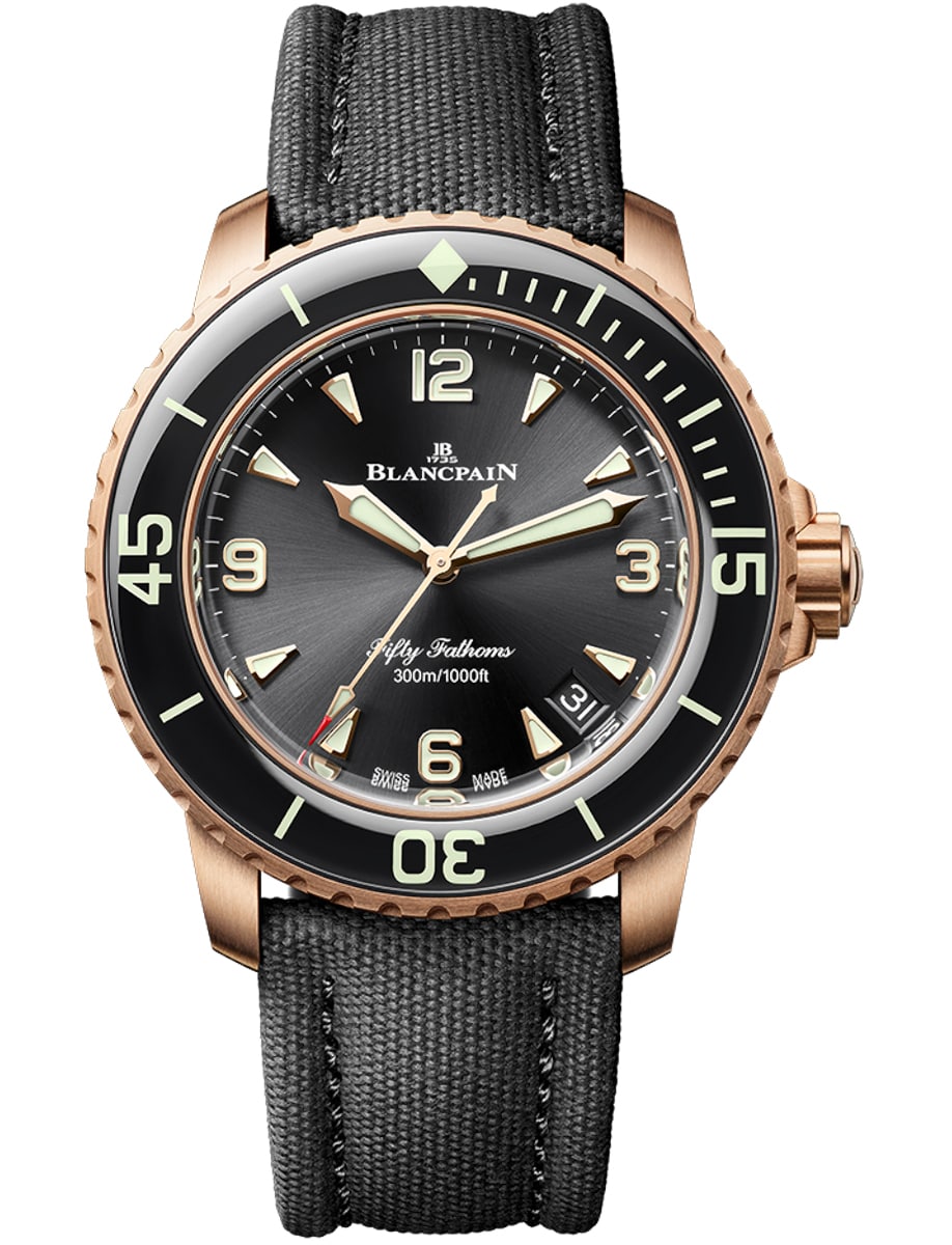 Fifty Fathoms Automatique in Rose Gold with Black Bezel on Black Sail Fabric Strap with Black Dial