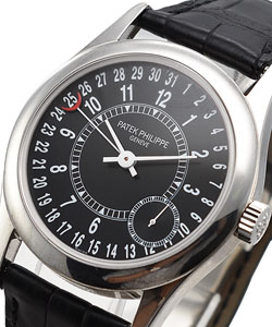 Calatrava 6000 Calendar in White Gold on Black Leather Strap with Black Dial