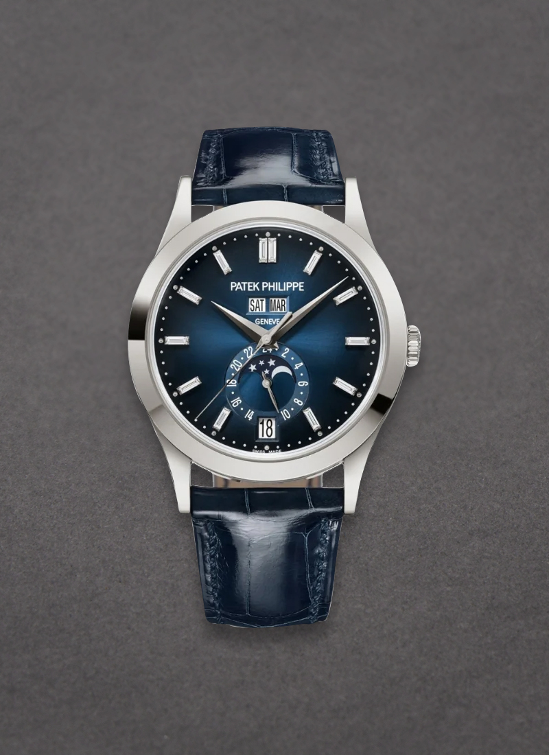 Patek Philippe Complications Annual Calendar Moon Phases White Gold Blue Dial Watch 5396G