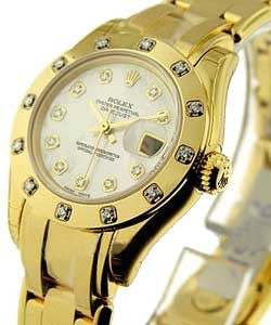 Masterpeice Lady's in Yellow Gold with 12 Diamond Bezel on Yellow Gold Pearlmaster Bracelet with Mother of Pearl Diamond Dial