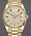 President 36mm in Yellow Gold with Fluted Bezel on President Bracelet with Pave Diamond Dial