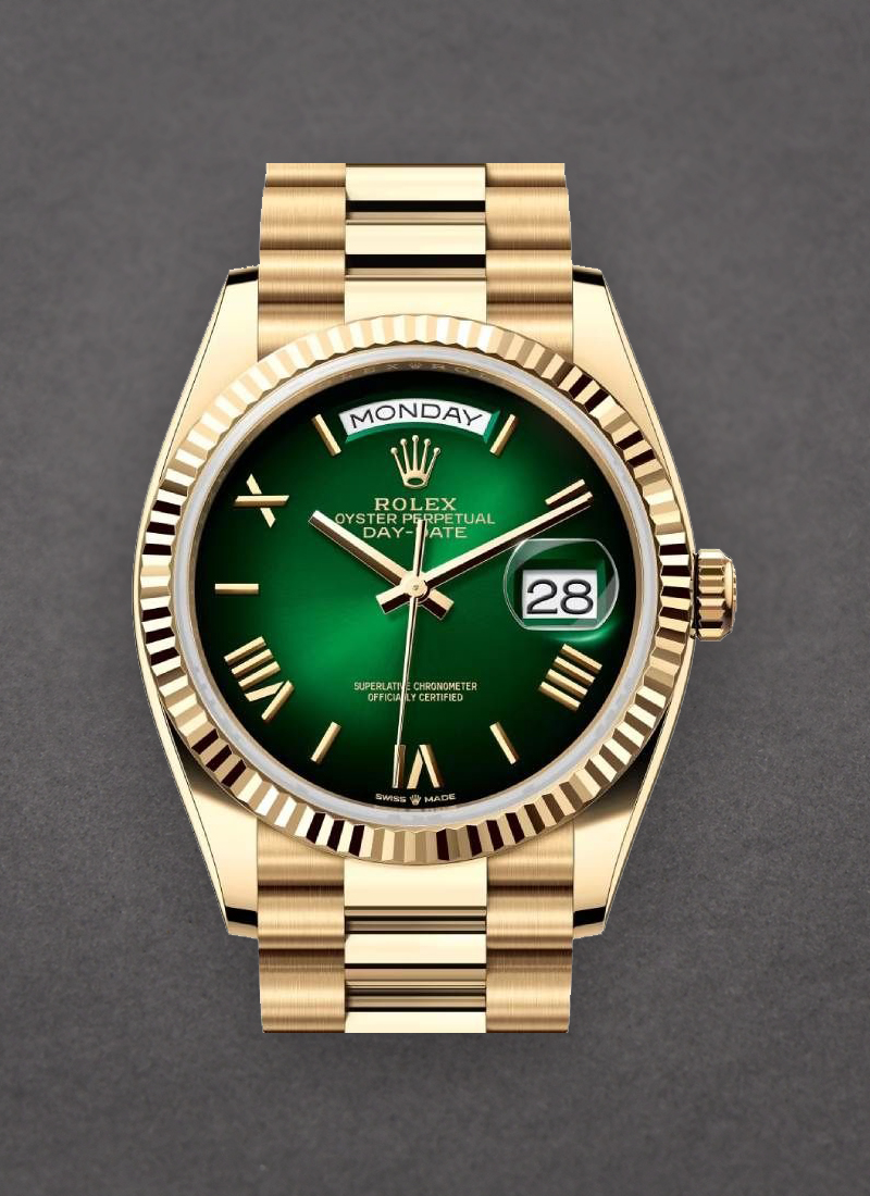 Rolex Unworn President Day-Date 36mm in Yellow Gold with Fluted Bezel