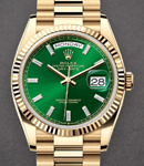President Day-Date 36mm in Yellow Gold with Fluted Bezel on President Bracelet with Green Baguette Diamond Dial