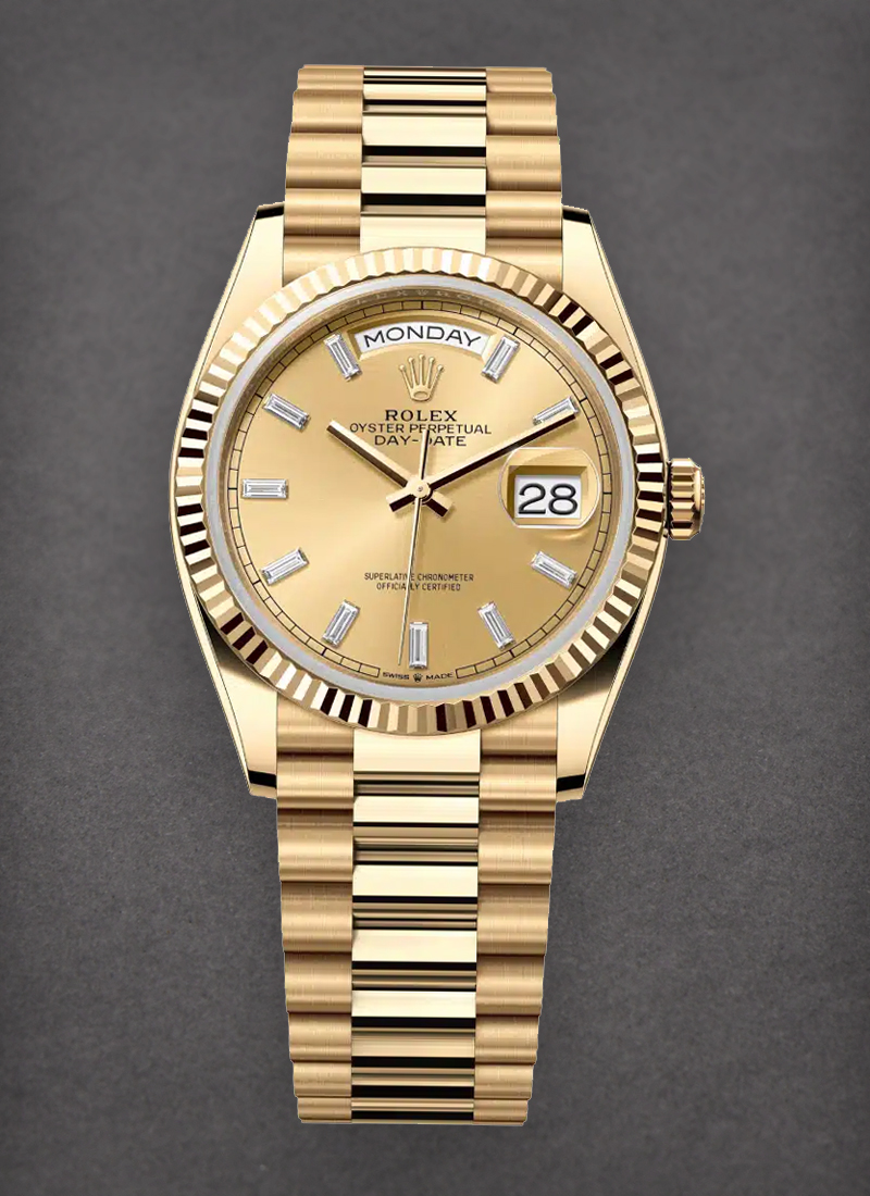 Rolex Unworn President Day-Date 36mm in Yellow Gold with Fluted Bezel