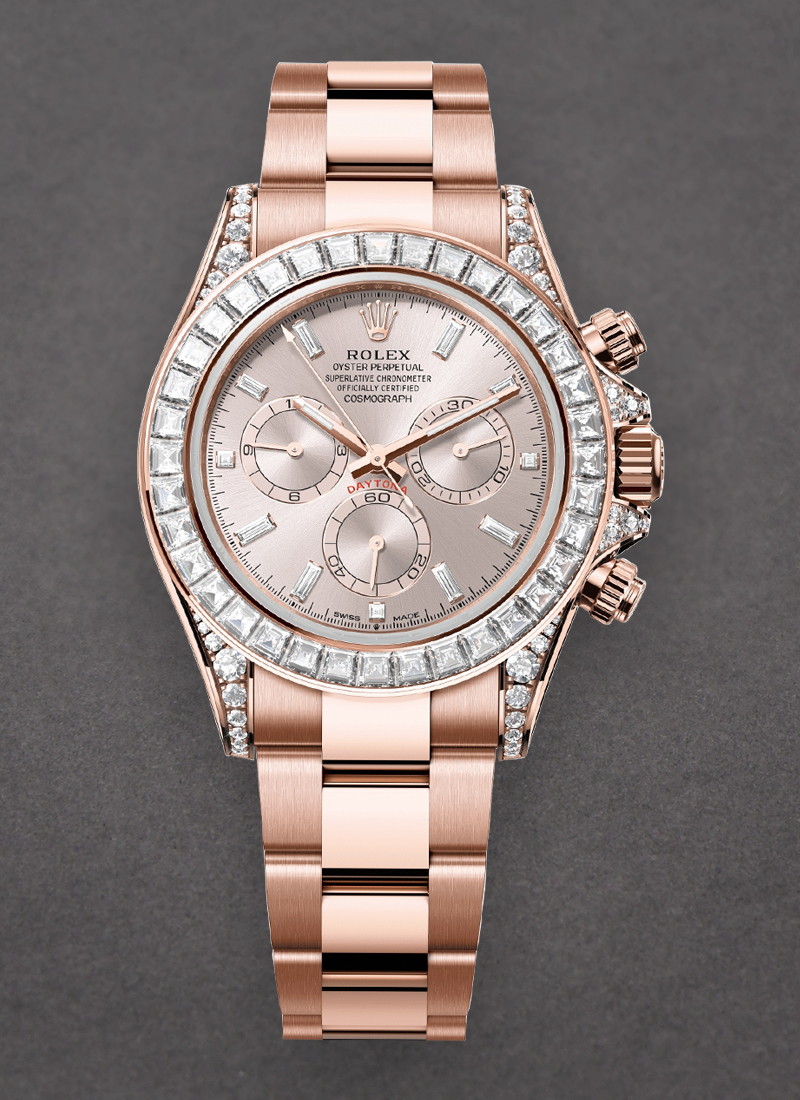 Rolex Unworn Daytona Cosmograph 40mm in Rose Gold with Baguette Diamond Bezel & Lugs