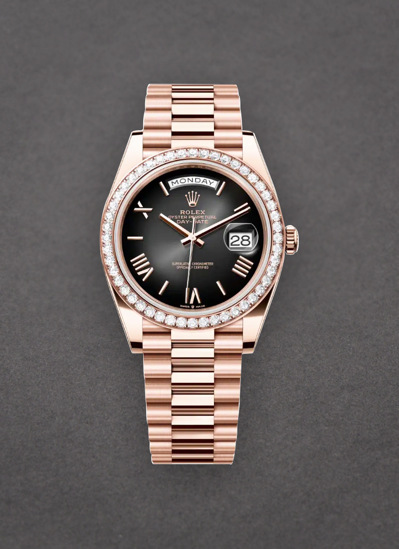 Rolex Unworn Day Date 40mm President in Rose Gold with Diamond Bezel