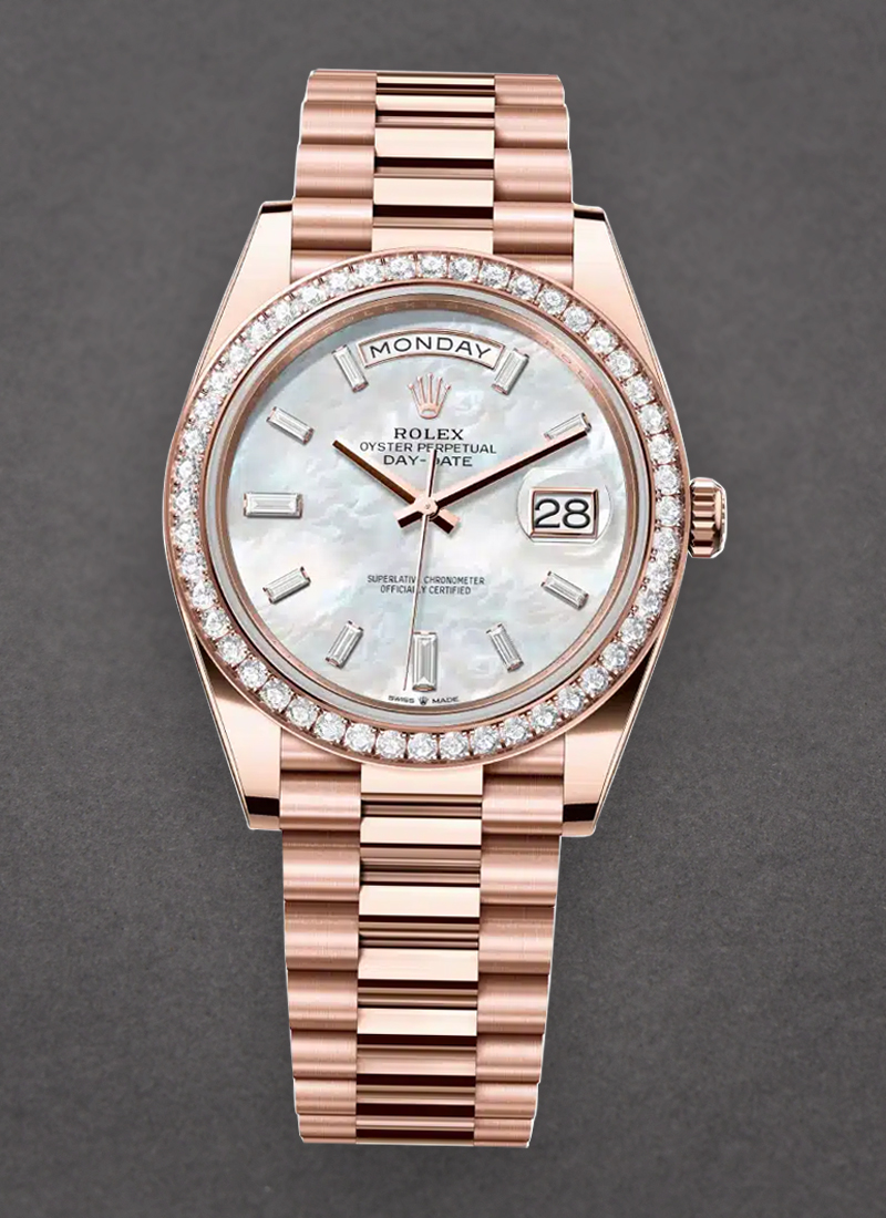 Rolex Unworn Day Date 40mm President in Rose Gold with Diamond Bezel