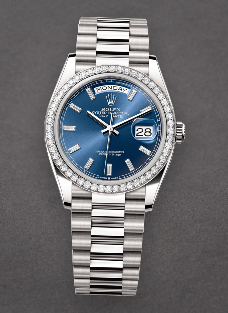 Rolex Unworn Day-Date 36mm in White Gold with Diamond Bezel