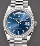 Day-Date 36mm in White Gold with Diamond Bezel on President Bracelet with Blue Baguette Diamond Dial