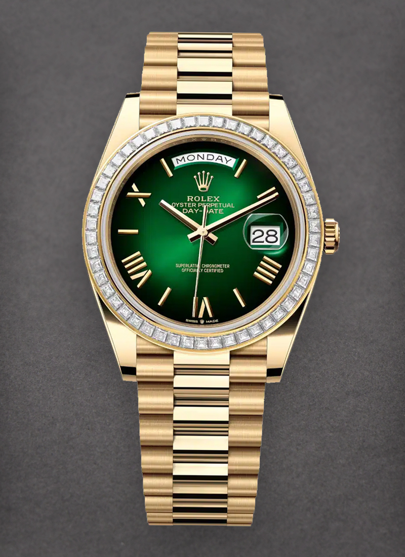 Rolex Unworn Day Date 40mm in Yellow Gold with Baguette Diamond Bezel