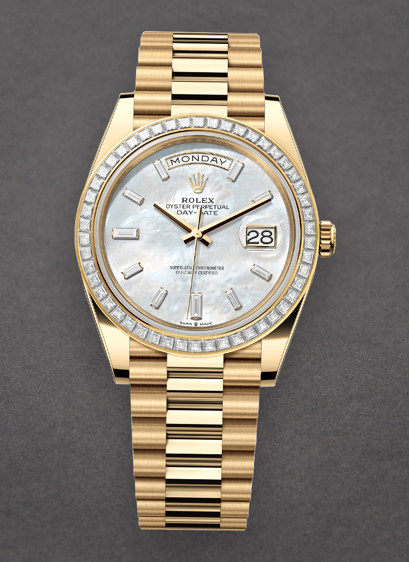 Rolex Unworn Day Date 40mm in Yellow Gold with Baguette Diamond Bezel