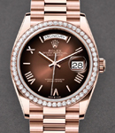 President Day-Date 36mm in Rose Gold with Diamond Bezel on President Bracelet with Chocolate Ombre Roman Dial