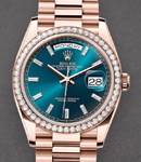 President Day-Date 36mm in Rose Gold with Diamond Bezel on President Bracelet with Blue Baguette Diamond Dial