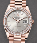 President Day-Date 36mm in Rose Gold with Diamond Bezel on President Bracelet with Silver Baguette Diamond Dial