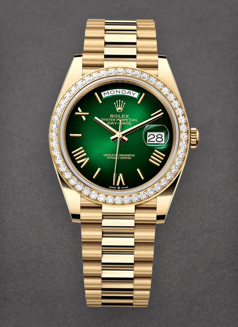 Rolex Unworn Day Date 40mm in Yellow Gold with Diamond Bezel