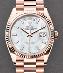 President Day-Date 36mm in Rose Gold with Fluted Bezel on President Bracelet with MOP Baguette Diamond Dial