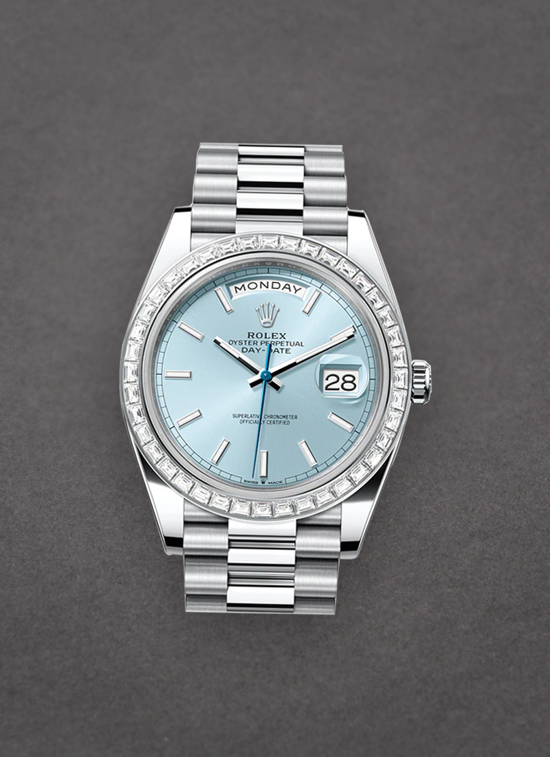 Rolex Unworn Day Date 40mm President in Platinum with Baguette Cut Diamond Bezel