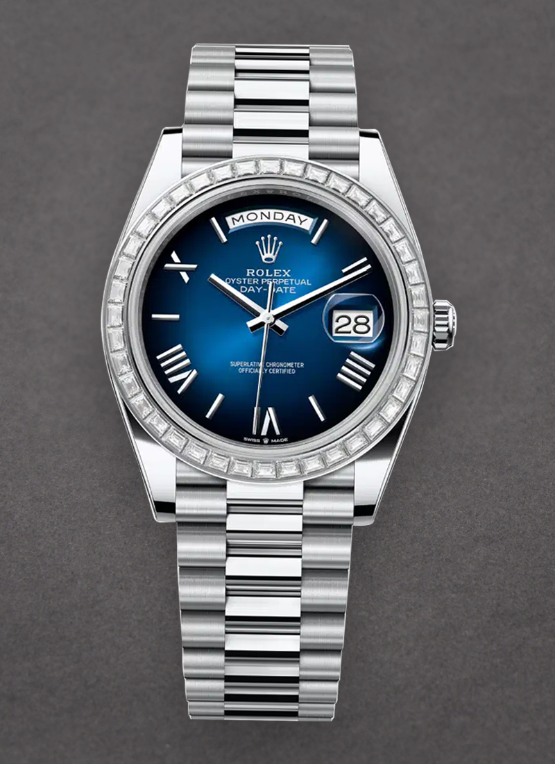 Rolex Unworn Day Date 40mm President in Platinum with Baguette Cut Diamond Bezel