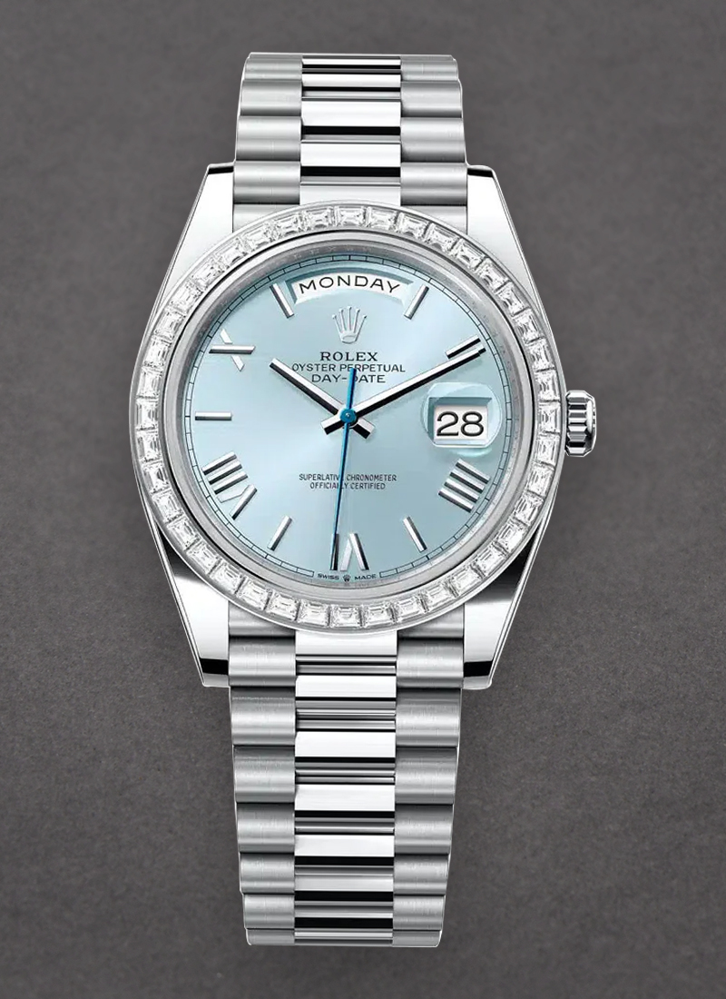 Rolex Unworn Day Date 40mm President in Platinum with Baguette Cut Diamond Bezel