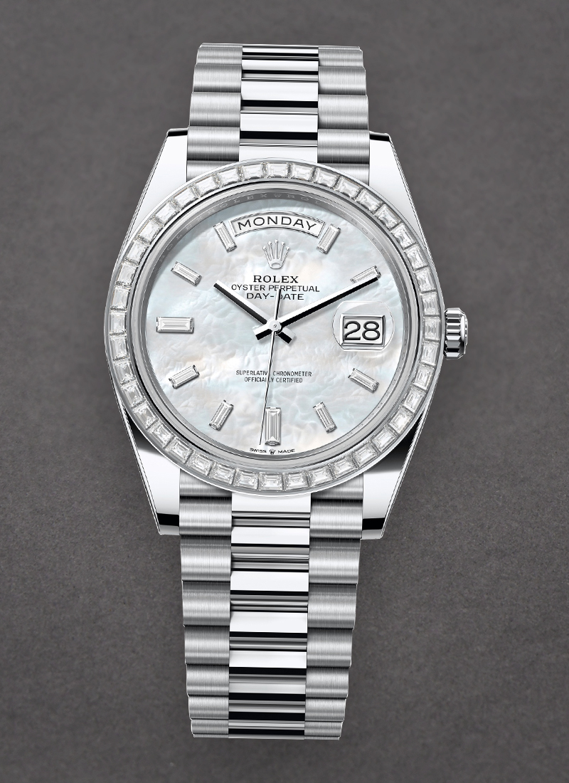 Rolex Unworn Day Date 40mm President in Platinum with Baguette Cut Diamond Bezel