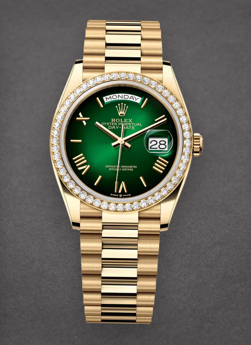 Rolex Unworn Day Date 36mm in Yellow Gold with Diamond Bezel