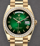 Day Date 36mm in Yellow Gold with Diamond Bezel on Bracelet with Green Ombre Roman Dial