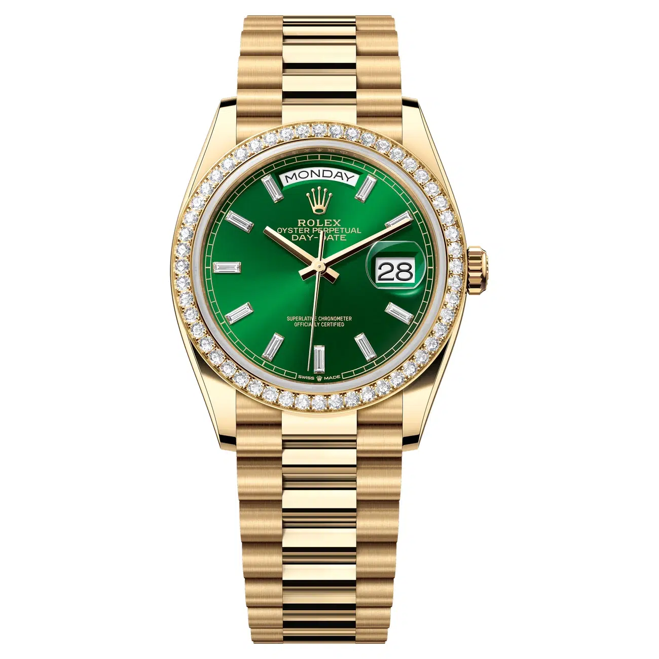 Day Date 36mm in Yellow Gold with Diamond Bezel on Bracelet with Green Baguette Diamond Dial