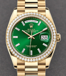 Day Date 36mm in Yellow Gold with Diamond Bezel on Bracelet with Green Baguette Diamond Dial
