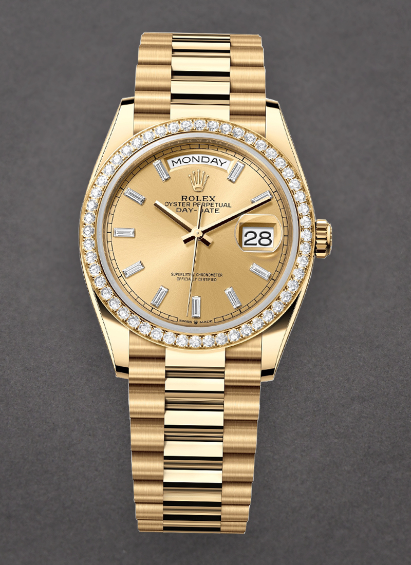 Rolex Unworn Day Date 36mm in Yellow Gold with Diamond Bezel