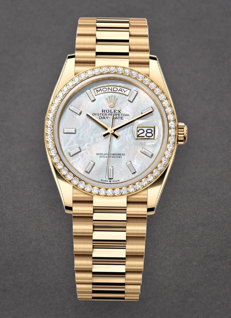 Rolex Unworn Day Date 36mm in Yellow Gold with Diamond Bezel