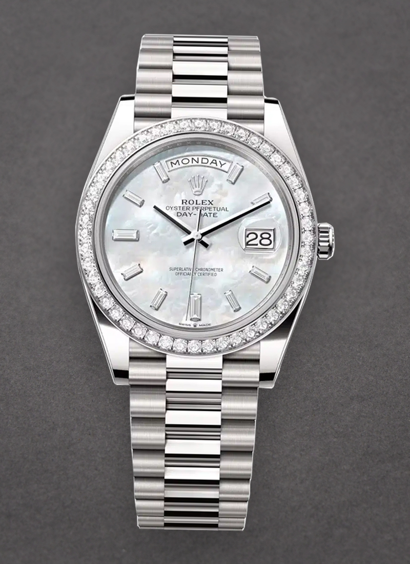 Rolex Unworn Day-Date 40mm  in White Gold with Diamond Bezel