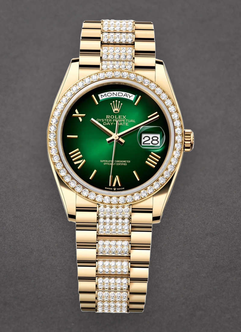 Rolex Unworn Day Date 36mm in Yellow Gold with Diamond Bezel