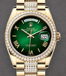 Day Date 36mm in Yellow Gold with Diamond Bezel on President Diamond Bracelet with Green Ombre Roman Dial