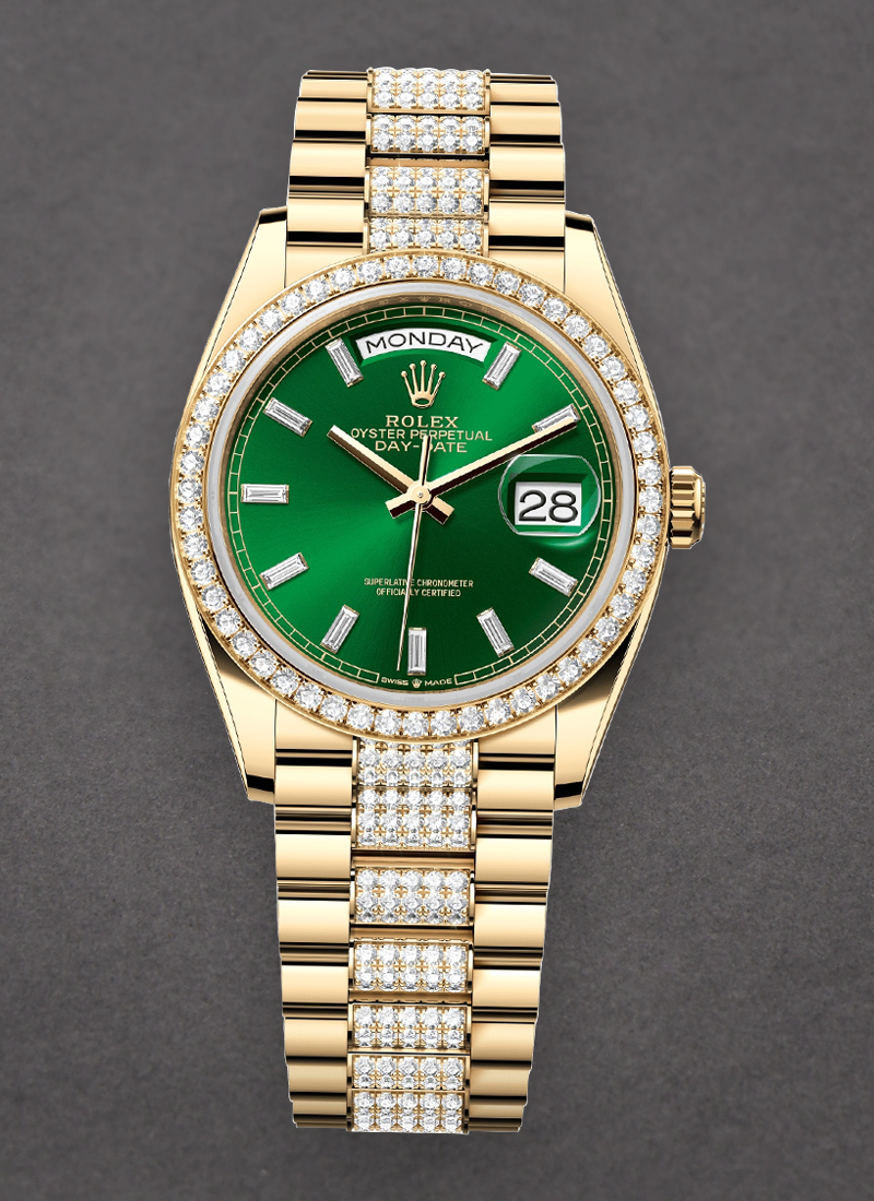 Rolex Unworn Day Date 36mm in Yellow Gold with Diamond Bezel