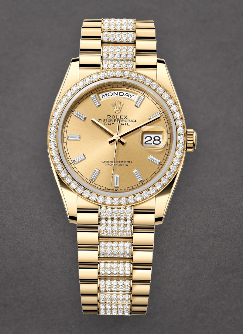 Rolex Unworn Day Date 36mm in Yellow Gold with Diamond Bezel