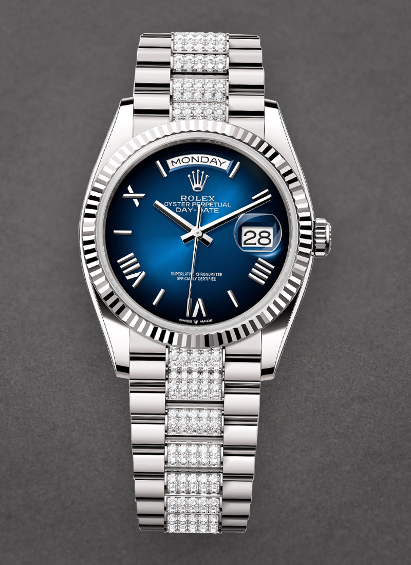 Rolex Unworn President Day-Date 36mm in White Gold with Fluted Bezel