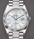 President Day-Date 36mm in White Gold with Fluted Bezel on President Diamond Bracelet with MOP Baguette Diamond Dial