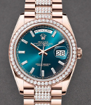 President Day-Date 36mm in Rose Gold with Diamond Bezel on President Diamond Bracelet with Blue Baguette Diamond Dial