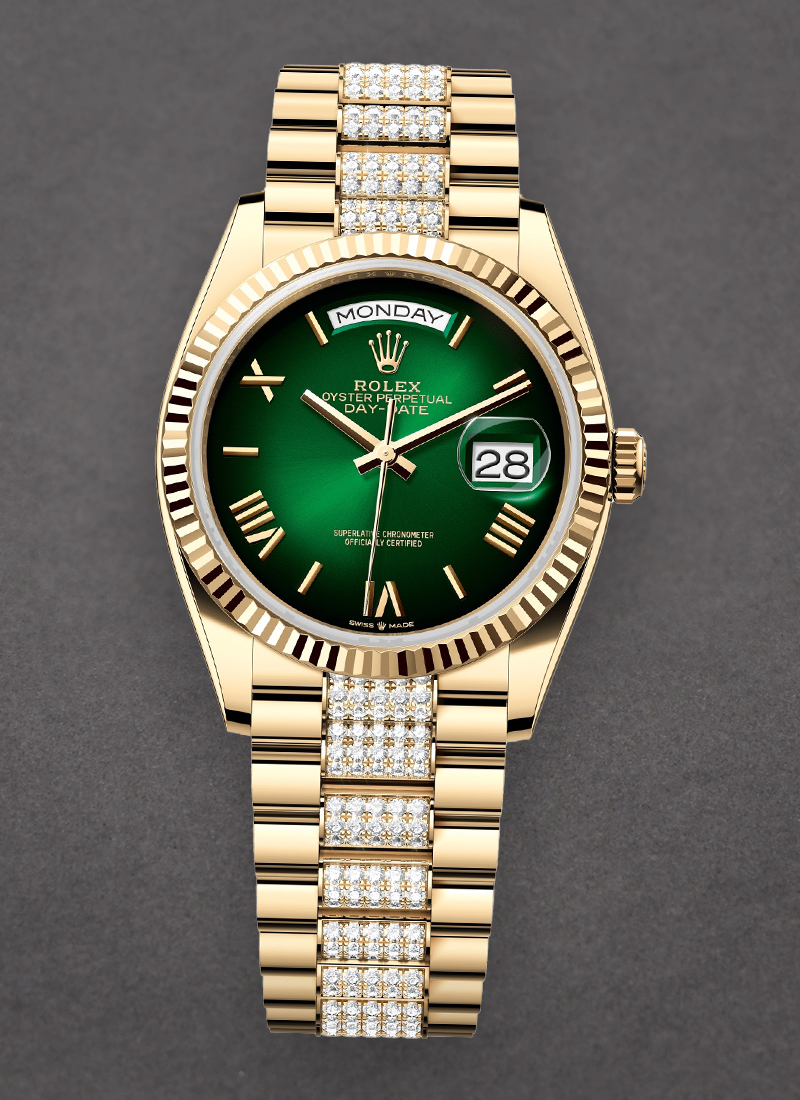 Rolex Unworn President Day-Date 36mm in Yellow Gold with Fluted Bezel