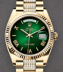President Day-Date 36mm in Yellow Gold with Fluted Bezel on President Diamond Bracelet with Green Ombre Roman Dial