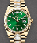 President Day-Date 36mm in Yellow Gold with Fluted Bezel on President Diamond Bracelet with Green Baguette Diamond Dial