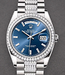 Day-Date 36mm in White Gold with Diamond Bezel on President Diamond Bracelet with Blue Baguette Diamond Dial